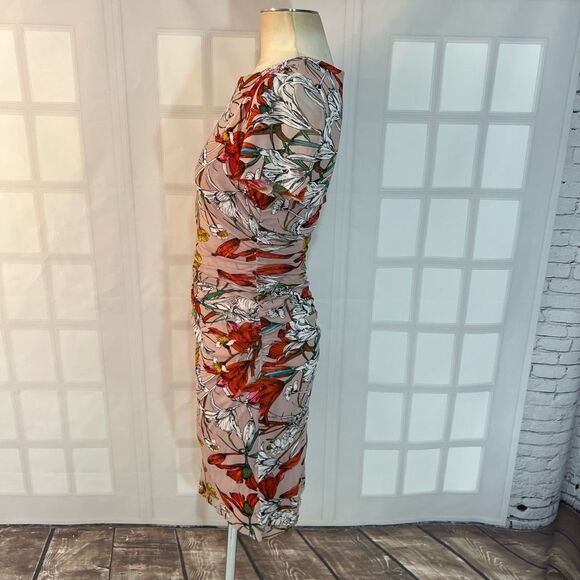 Kay Unger Dusty Pink Floral Short Sleeve Ruched Bodycon Dress Medium - Picture 7 of 11